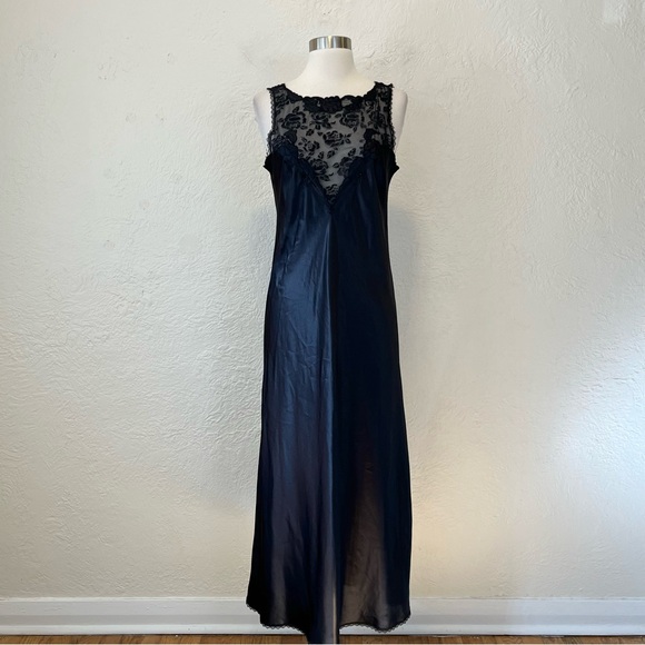 Vintage Slip Dress Black Satin Mesh Embroidered Goth Gothic Whimsigoth Small S - Picture 13 of 14